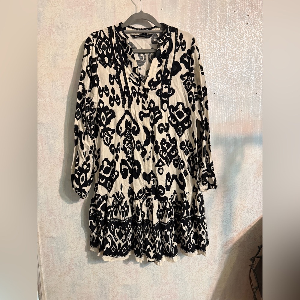 Zara Monochrome Patterned, Cottagecore, Mini, Ruffled, Dress, Sz XS